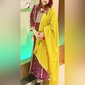 Embroidered wine and mehndi green colors Traditional anarkali Indian outfit